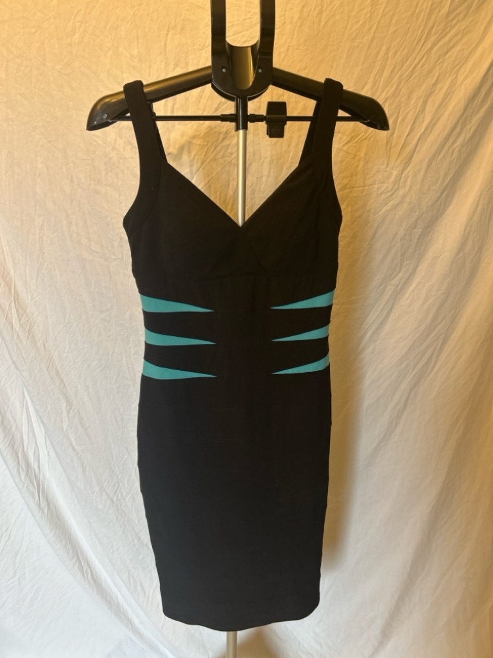 Frank Lyman Black Bodycon Dress Teal Cutout Detail Size 4 Cocktail Dress